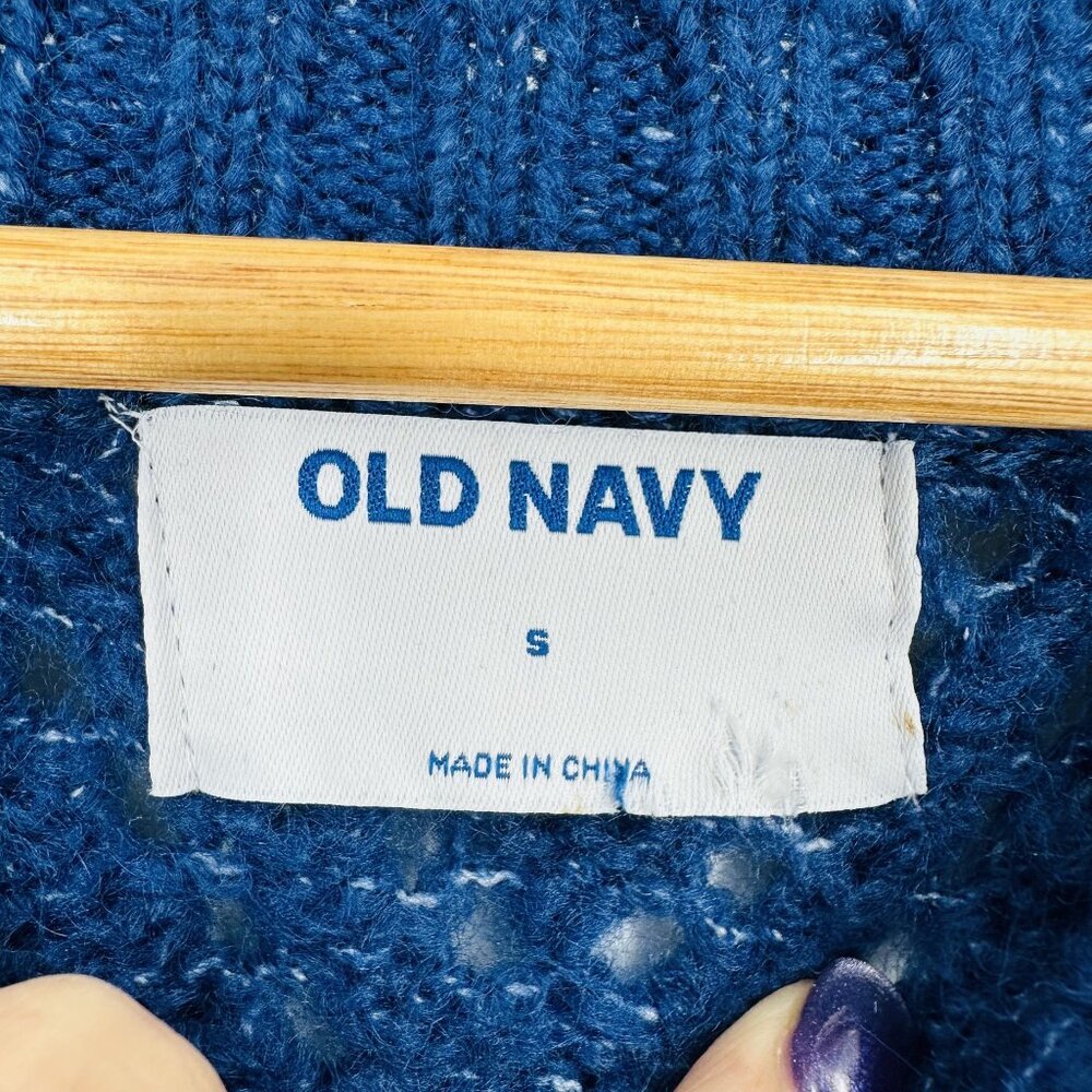 Old Navy Blue Knit Pointelle Ruffle Trim Crew Neck Long Sleeve Sweater Size S - Picture 5 of 6